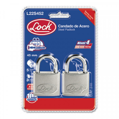 L22S452 LOCK Candado de acero cortollave estándar 2 piezas 45mm cromo satinado