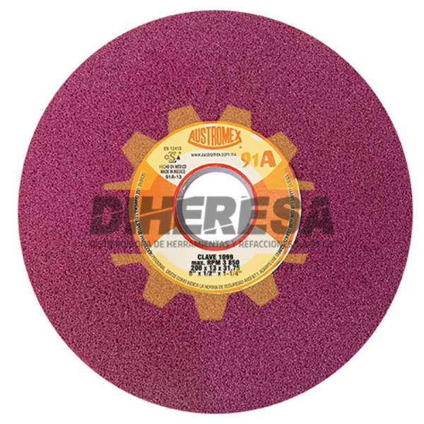 Austromex 1099 Rueda vitrificada con grano ruby tipo 1 de 200 x 13 x 31.75mm.