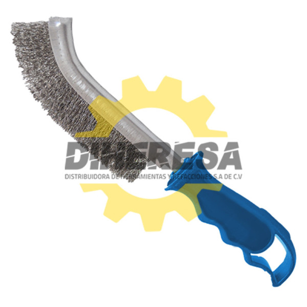 Austromex 1583 Cepillo de alambre ondulado inoxidable con mango de plástico azul
