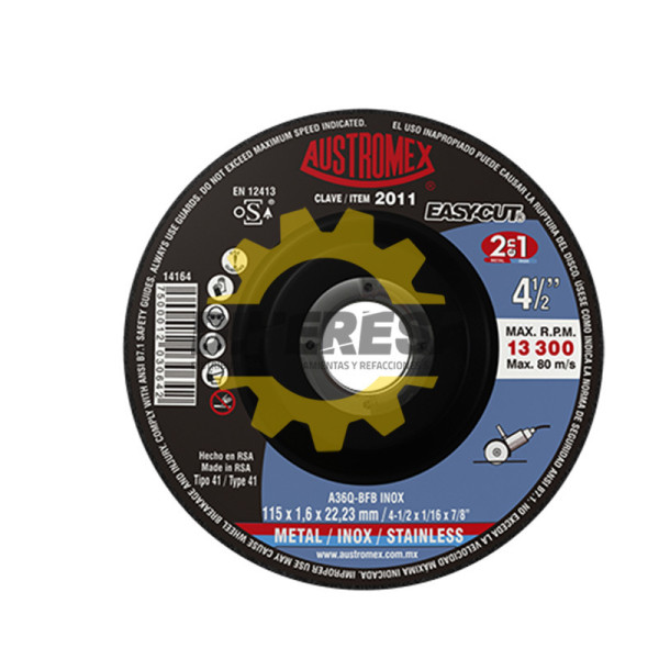 Austromex 2011 Disco de corte 2 en 1 para acero al carbón y acero inoxidable de 115 x 1.6 x 22.23, EASY CUT