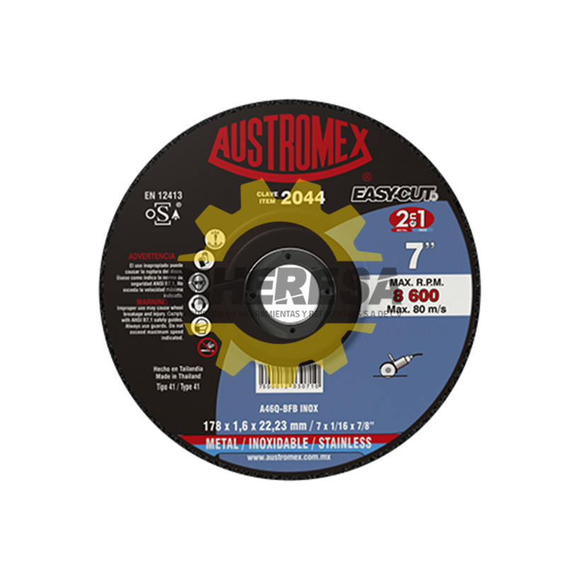 Austromex 2044 Disco de corte 2 en 1 para acero al carbón y acero inoxidable de 178 x 1.6 x 22.23, EASY CUT Austromex 2044 Disco de corte 2 en 1 para acero al carbón y acero inoxidable de 178 x 1.6 x 22.23, EASY CUT
