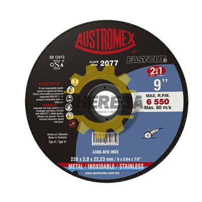 Austromex 2077 Disco de corte 2 en 1 para acero al carbón y acero inoxidable de 230 x 2.0 x 22.23, EASY CUT