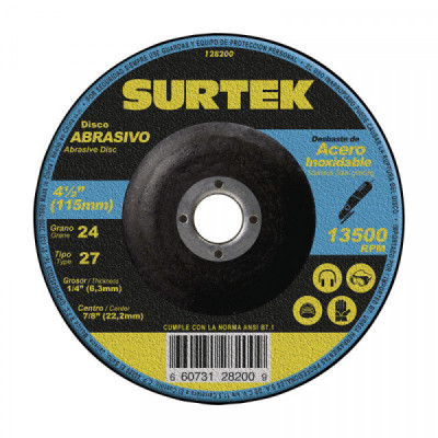 128200 SURTEK Disco abrasivo tipo 27 para desbaste de acero inoxidable 4-1/2x1/4" Surtek | DIHERESA