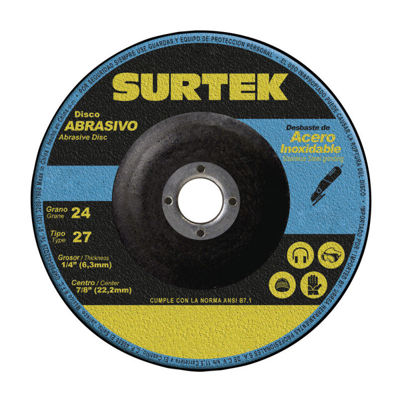 128201 SURTEK Disco abrasivo tipo 27 para desbaste de acero inoxidable 7x1/4" Surtek | DIHERESA 128201 SURTEK Disco abrasivo tipo 27 para desbaste de acero inoxidable 7x1/4" Surtek | DIHERESA