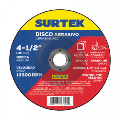 123325 SURTEK Disco abrasivo tipo 27 para corte de metal 4-1/2x1/8  pulgadas