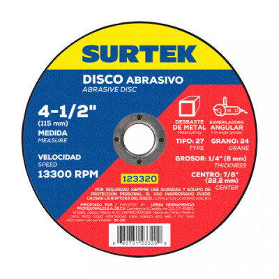 123320 SURTEK Disco abrasivo tipo 27 para desbaste ligero de metal 4-1/2x1/4  pulgadas