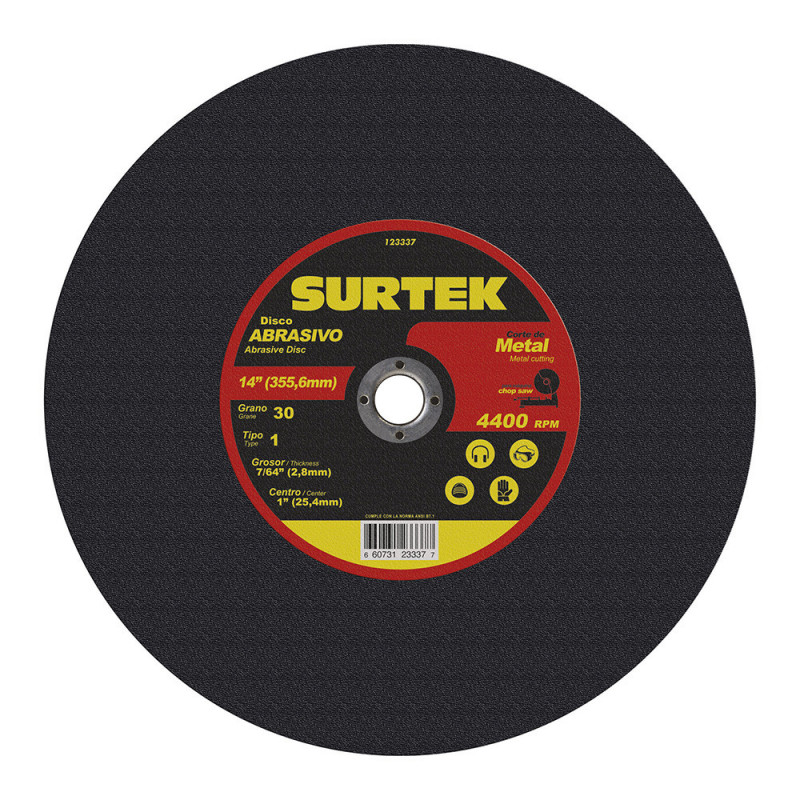 123337 SURTEK Disco abrasivo tipo 1 para corte de metal 14x7/64" Surtek | DIHERESA 123337 SURTEK Disco abrasivo tipo 1 para corte de metal 14x7/64" Surtek | DIHERESA