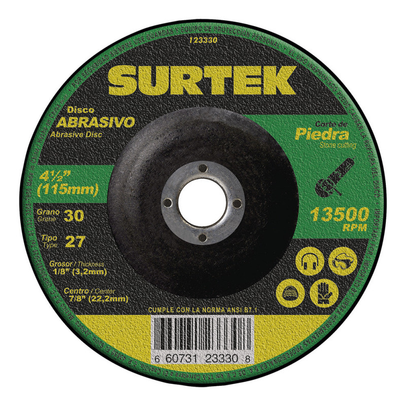 123330 SURTEK Disco abrasivo tipo 27 para corte de piedra 4-1/2x1/8" Surtek | DIHERESA 123330 SURTEK Disco abrasivo tipo 27 para corte de piedra 4-1/2x1/8" Surtek | DIHERESA