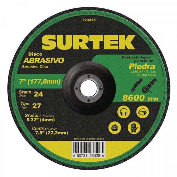 123328 SURTEK Disco abrasivo tipo 27 para desbaste ligero y corte de piedra 7x5/32" Surtek | DIHERESA