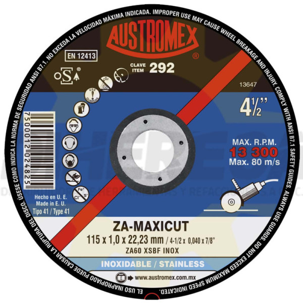 Austromex 292 Disco para corte de acero inoxidable
