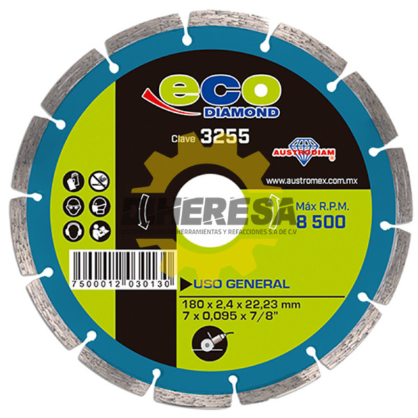 Austromex 3255 Disco de diamante segmentado para uso general ECO. Incluye reductores de 22.23 a 20 mm y de 22.23 a 16 mm
