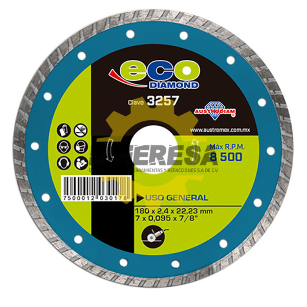 Austromex 3257 Disco de diamante turbo para uso general ECO. Incluye reductores de 22.23 a 20 mm y de 22.23 a 16 mm