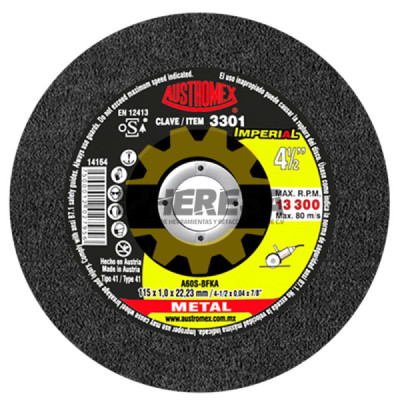 Austromex 3301 Disco de corte para acero al carbón de 115 x 1.0 x 22.23, IMPERIAL