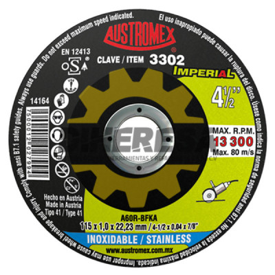 Austromex 3302 Disco de corte para acero inoxidable de 115 x 1.0 x 22.23, IMPERIAL