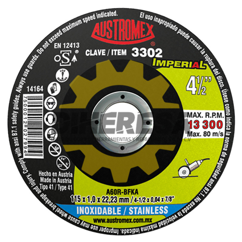 Austromex 3302 Disco de corte para acero inoxidable de 115 x 1.0 x 22.23, IMPERIAL Austromex 3302 Disco de corte para acero inoxidable de 115 x 1.0 x 22.23, IMPERIAL