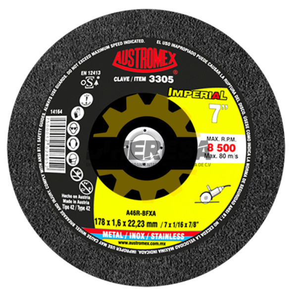 Austromex 3305 Disco de corte 2 en 1 para acero al carbón y acero inoxidable de 178 x 1.6 x 22.23, IMPERIAL