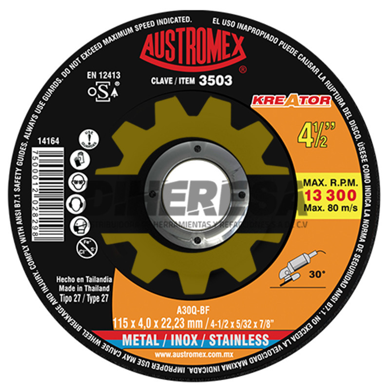 Austromex 3503 Disco de desbaste 2 en 1 para acero al carbón y acero inoxidable de 115 x 4.0 x 22.23,KREATOR Austromex 3503 Disco de desbaste 2 en 1 para acero al carbón y acero inoxidable de 115 x 4.0 x 22.23,KREATOR