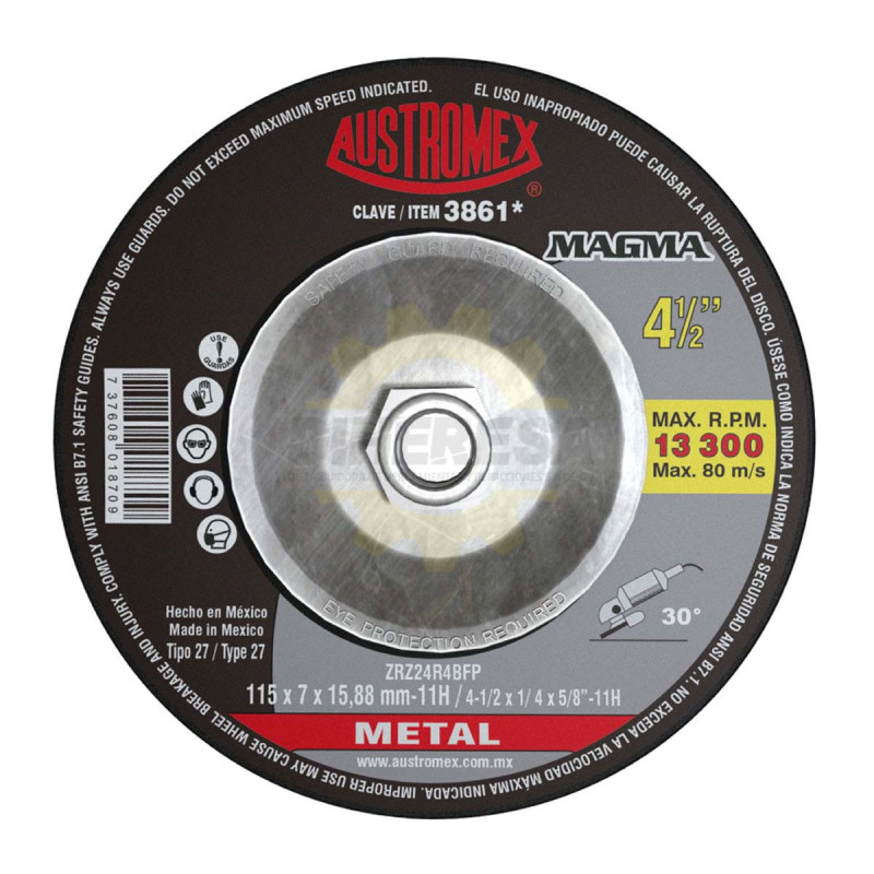 Austromex -3861 Disco Desbaste Metal T-27A 4-1/2x1/4x5/8"-11 Magma Austromex -3861 Disco Desbaste Metal T-27A 4-1/2x1/4x5/8"-11 Magma
