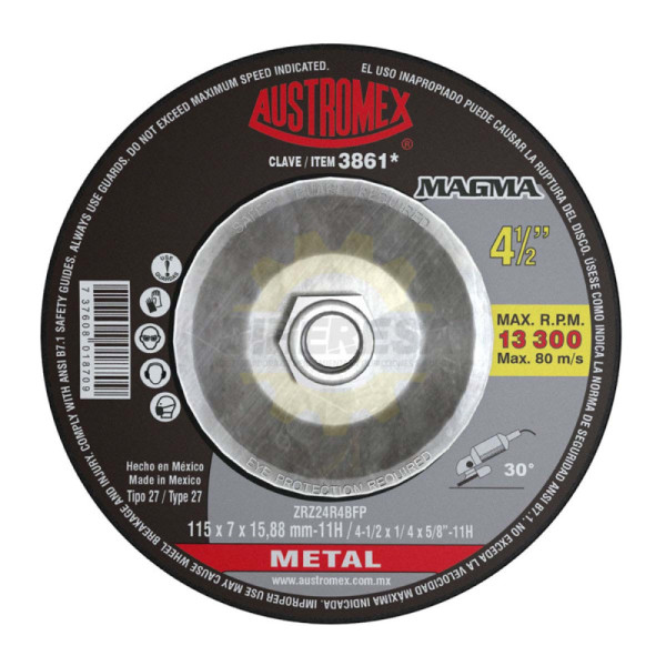 Austromex -3861 Disco Desbaste Metal T-27A 4-1/2x1/4x5/8"-11 Magma
