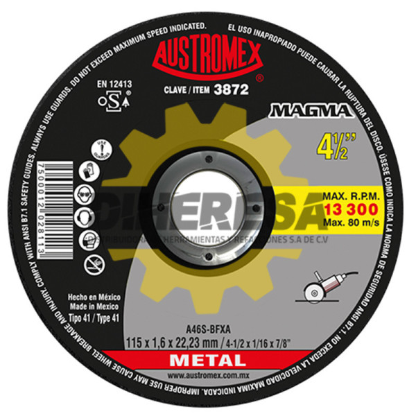 Austromex 3872 Disco de corte para acero de 115 x 1.6 x 22.23, MAGMA