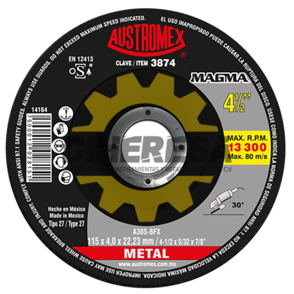 Austromex 3874 Disco de desbaste para acero inoxidable de 115 x 4.0 x 22.23, MAGMA