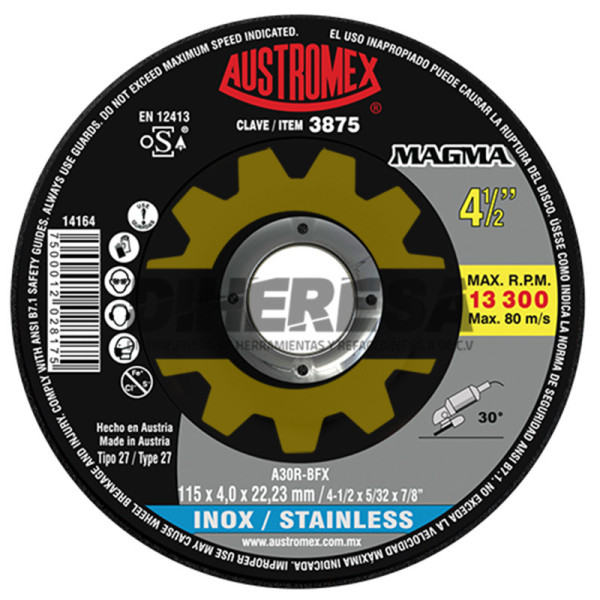 Austromex 3875 Disco de corte para acero inoxidable de 115 x 4.0 x 22.23, MAGMA