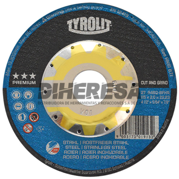 Austromex 4220 Disco de corte y desbaste Tyrolit de 115 x 2.0 x 22.23mm, 2 en 1