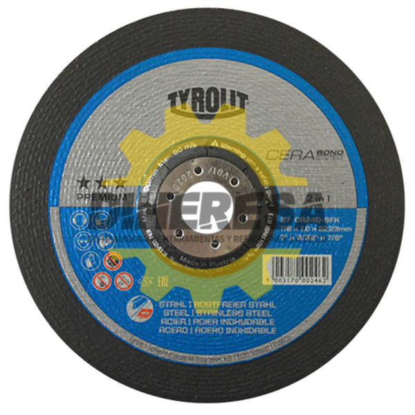 Austromex 4222 Disco de debaste Tyrolit Cerabond de 178 x 7.0 x 22.23mm, 2 en 1