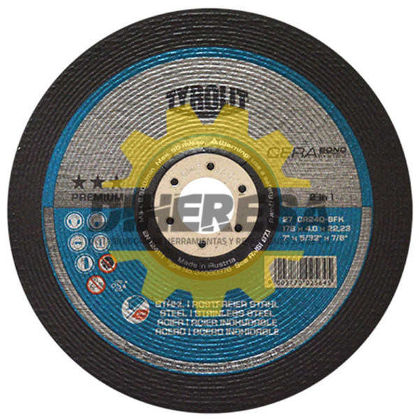 Austromex 4225 Disco de desbaste Tyrolit Cerabond de 178 x 4.0 x 22.23mm, 2 en 1