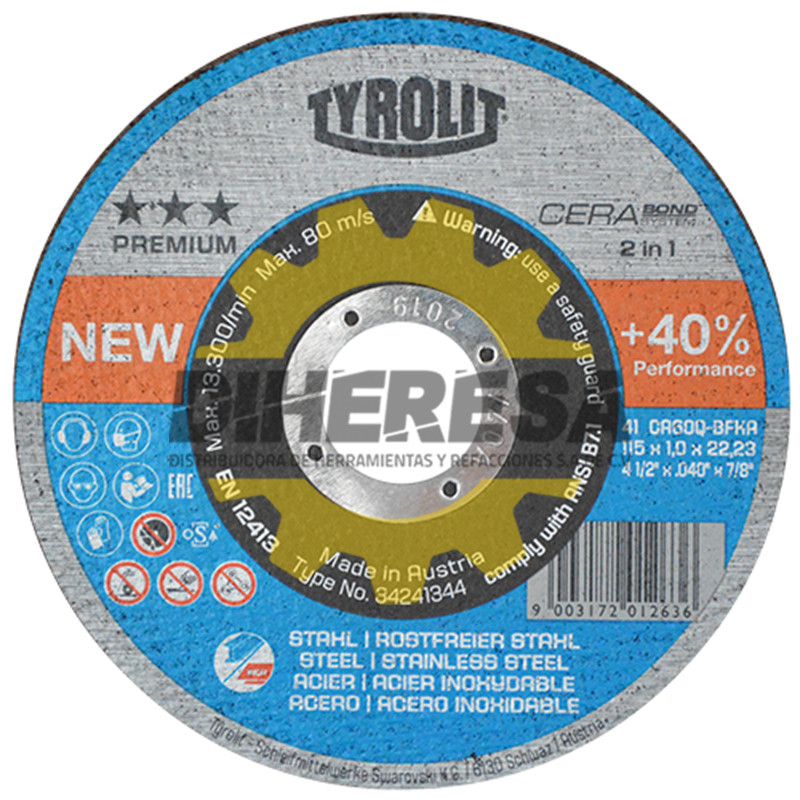 Austromex 4250 Disco de corte Tyrolit Cerabond superdelgado de 115 x 1.0 mm, 2 en 1 Austromex 4250 Disco de corte Tyrolit Cerabond superdelgado de 115 x 1.0 mm, 2 en 1