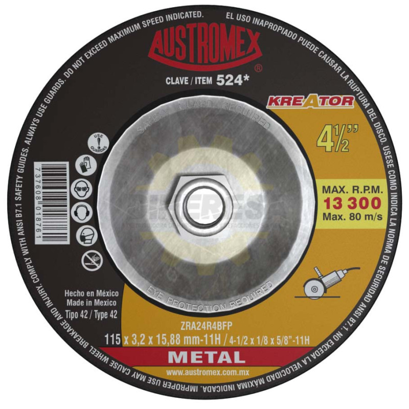 Austromex -524 Disco Corte Metal T-42a 4-1/2x1/8x5/8"-11 Kreator Austromex -524 Disco Corte Metal T-42a 4-1/2x1/8x5/8"-11 Kreator