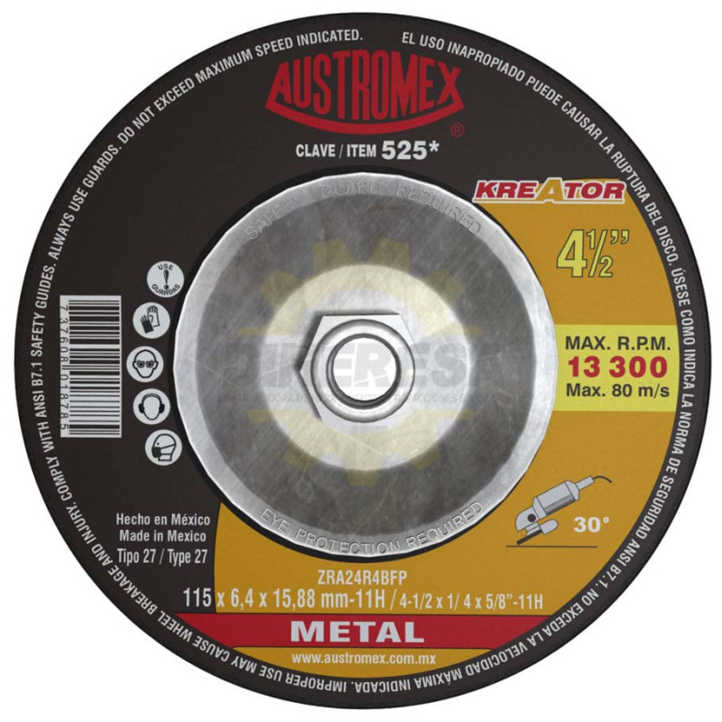 Austromex -525 Disco Desbaste Metal T-27A 4-1/2x1/4x5/8"-11 Kreator Austromex -525 Disco Desbaste Metal T-27A 4-1/2x1/4x5/8"-11 Kreator