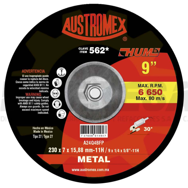 Austromex -562 Disco Desbaste Metal T27A 9" Hum