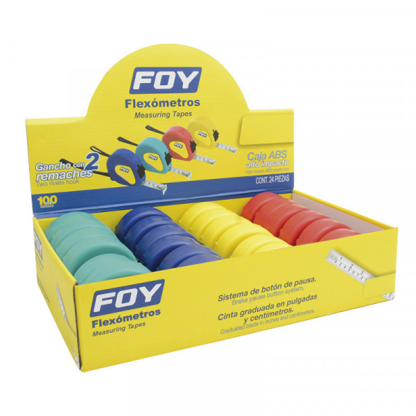 142132 FOY Display de 12 flexómetros 5mx3/4"varios colores en display Foy | DIHERESA