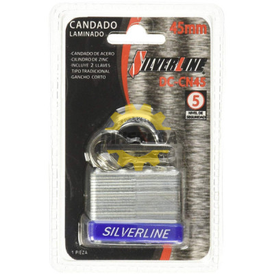CANDADO LAMINADO CUERPO DE ACERO, CIL.DE ZINC, C/2 LLAVES TIPO TRADICIONAL NIVEL DE SEG.3, 45 MM SILVERLINE | DIHERESA