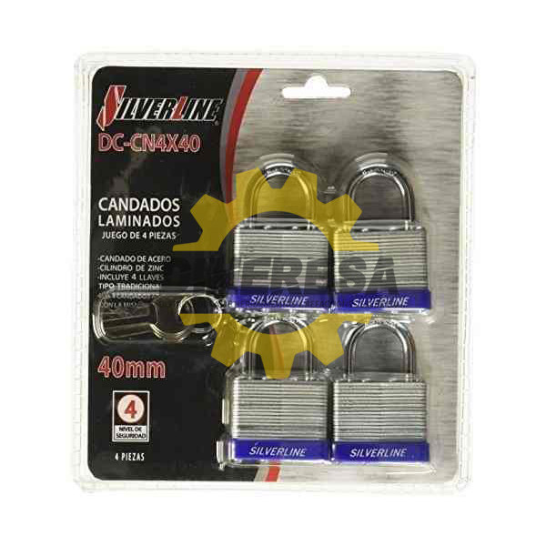 JUEGO DE 4 CANDADOS LAMINADOS, CUERPO DE ACERO, CIL.DE ZINC C/4 LLAVES TIPO TRADICIONAL IGUALADAS SILVERLINE | DIHERESA