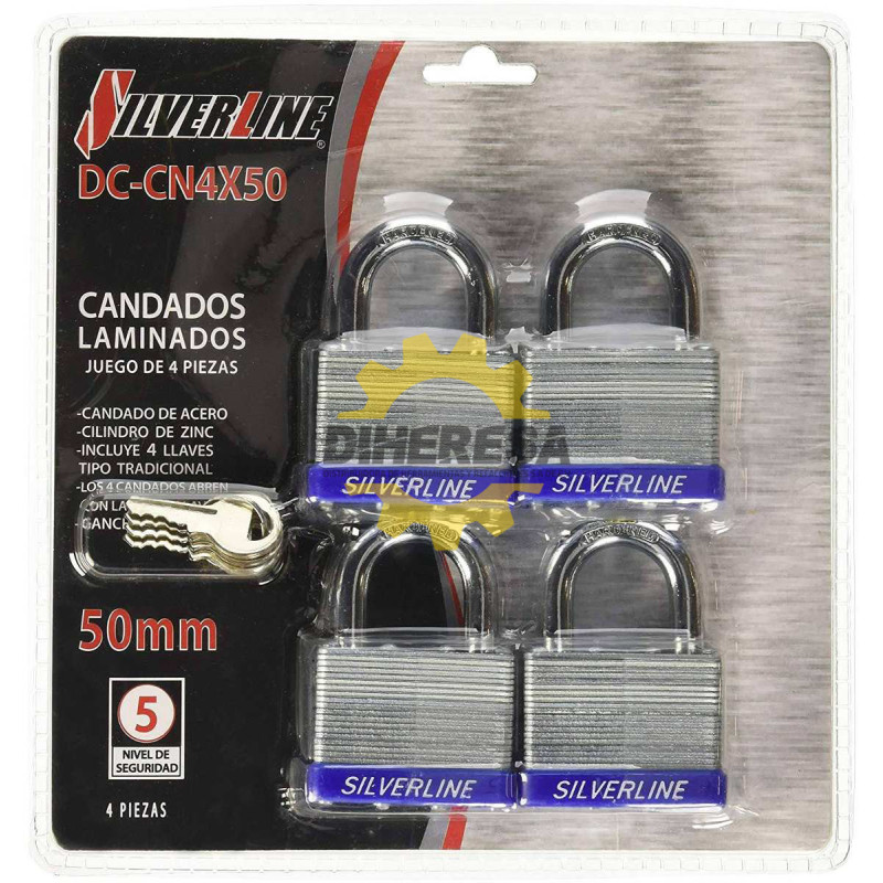 JUEGO DE 4 CANDADOS LAMINADOS, CUERPO DE ACERO, CIL.DE ZINC C/4 LLAVES TIPO TRADICIONAL IGUALADAS SILVERLINE | DIHERESA JUEGO DE 4 CANDADOS LAMINADOS, CUERPO DE ACERO, CIL.DE ZINC C/4 LLAVES TIPO TRADICIONAL IGUALADAS SILVERLINE | DIHERESA