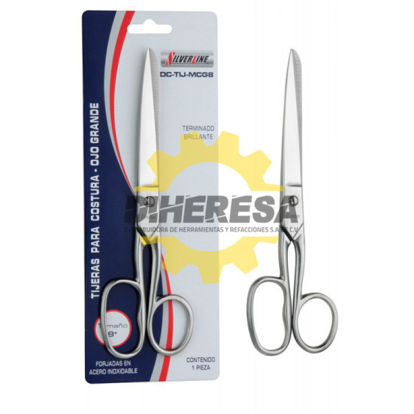 TIJERAS 8 PARA COSTURA, OJO GRANDE FORJADAS EN ACERO INOXIDABLE TERMINADO BRILLANTE SILVERLINE | DIHERESA
