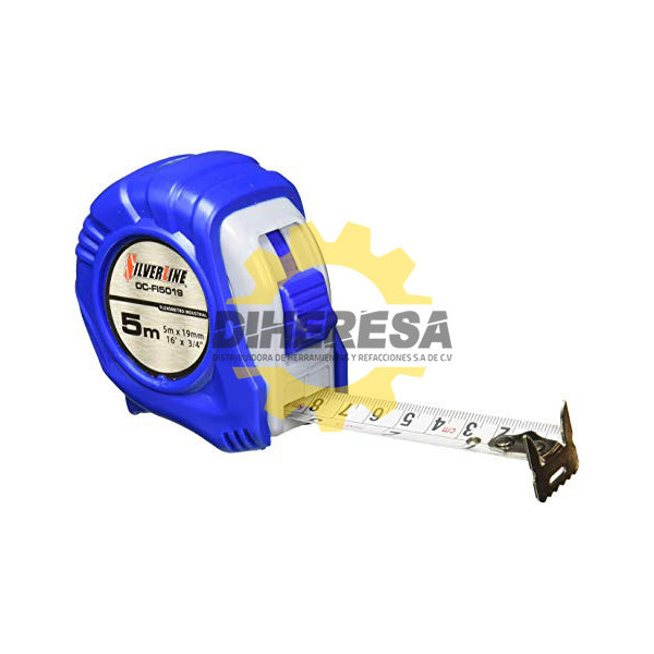 DC-FI5019 FLEXOMETRO DE  5m x 19mm  INDUSTRIAL CLIP Y GANCHO CROMADO Y TEMPLADO IMPRESI�N A DOBLE  CARA SILVERLINE | DIHERESA