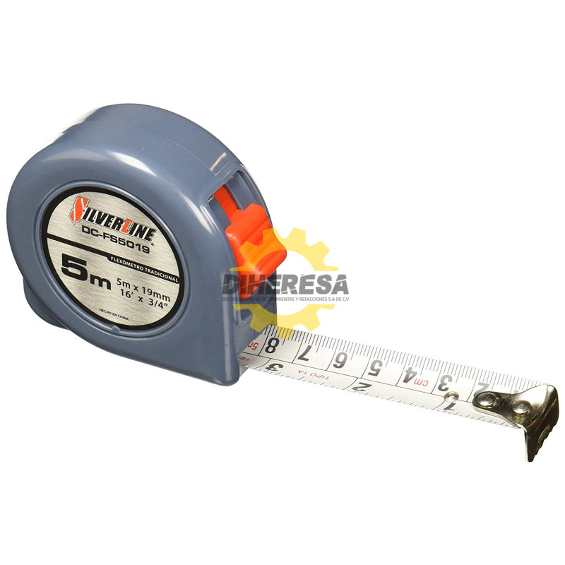 DC-FS5019 FLEXOMETRO DE 5m x 19mm TRADICIONAL CLIP Y GANCHO CROMADO Y TEMPLADO SILVERLINE | DIHERESA DC-FS5019 FLEXOMETRO DE 5m x 19mm TRADICIONAL CLIP Y GANCHO CROMADO Y TEMPLADO SILVERLINE | DIHERESA