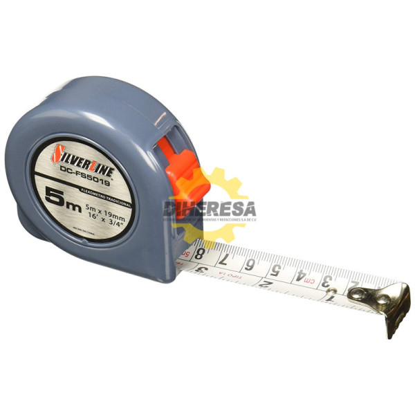 DC-FS5019 FLEXOMETRO DE   5m x 19mm  TRADICIONAL  CLIP Y GANCHO CROMADO Y TEMPLADO SILVERLINE | DIHERESA
