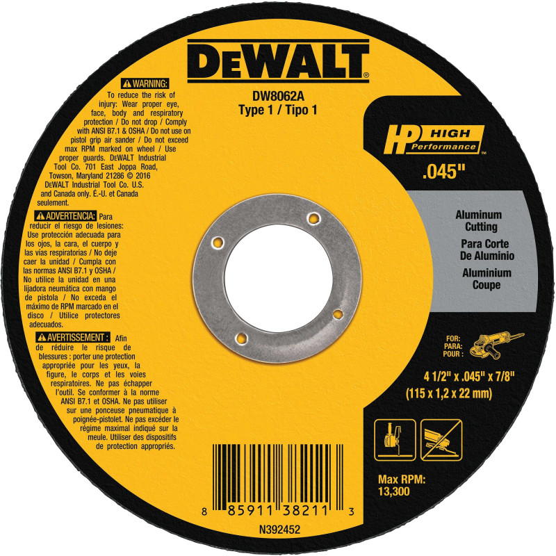 DW8062A DISCO ABRASIVO DE CORTE 4-1/2"X.045"X7/8" PARA ALUMINIO DW8062A DISCO ABRASIVO DE CORTE 4-1/2"X.045"X7/8" PARA ALUMINIO