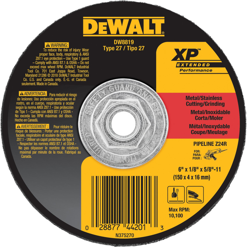 DW8819 DISCO ABRASIVO DE CORTE 6"X1/8"X5/8"-11 METAL DW8819 DISCO ABRASIVO DE CORTE 6"X1/8"X5/8"-11 METAL