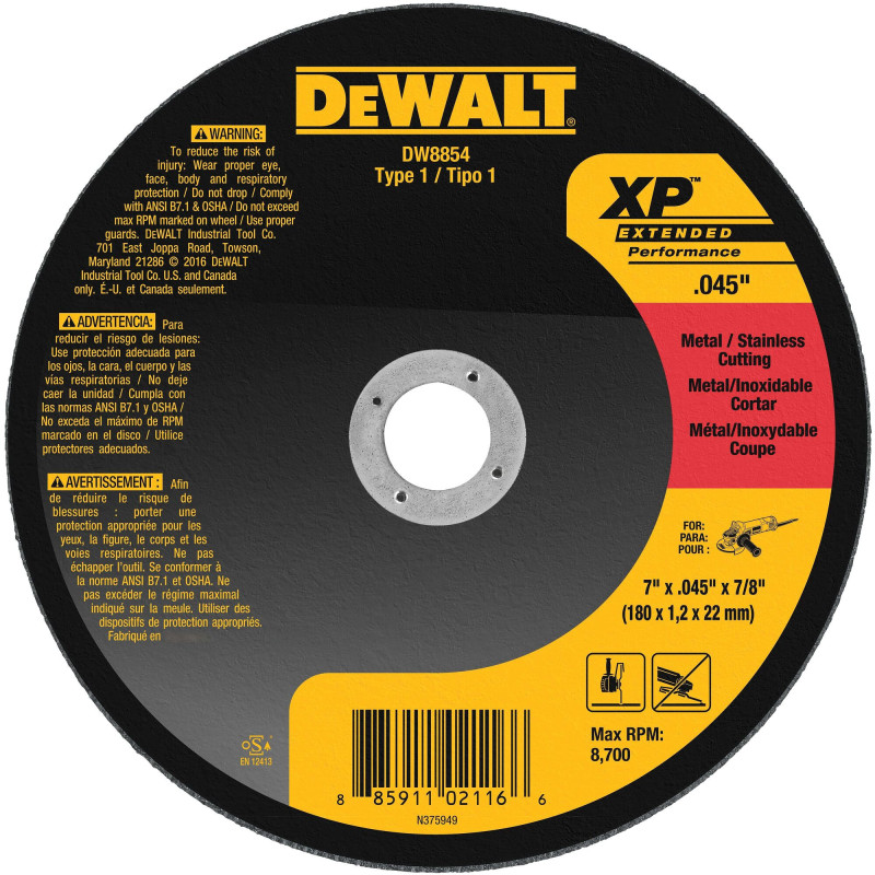 DW8854 DISCO ABRASIVO CORTE 7"X.045"X7/8" METAL Y ACERO INOX. DW8854 DISCO ABRASIVO CORTE 7"X.045"X7/8" METAL Y ACERO INOX.
