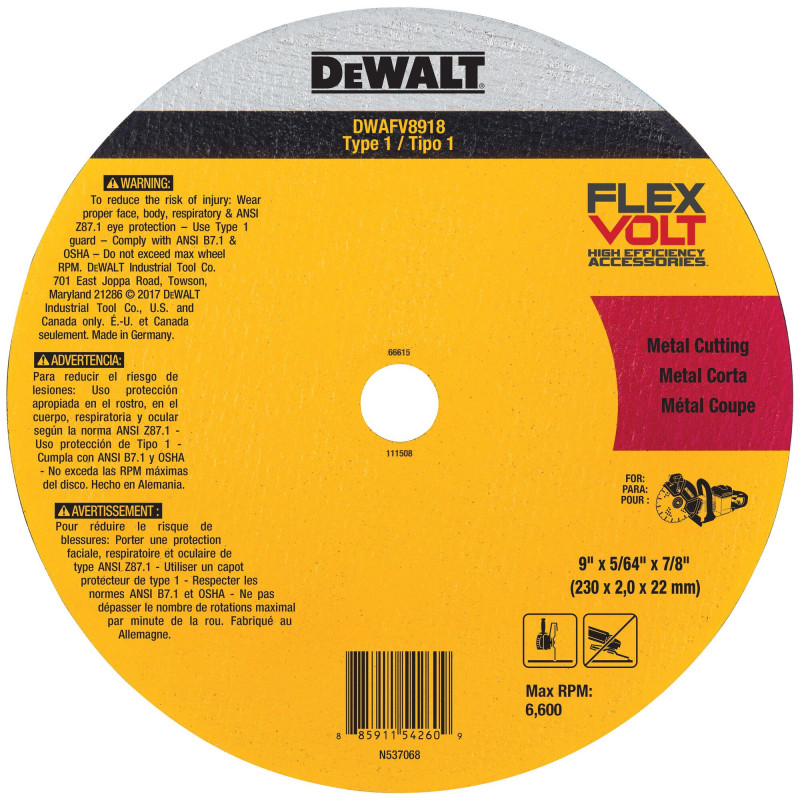 DWAFV8918 DISCO ABRASIVO CORTE FLEXVOLT 9"X5/64"X7/8" METAL DWAFV8918 DISCO ABRASIVO CORTE FLEXVOLT 9"X5/64"X7/8" METAL