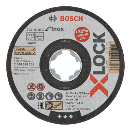 2608619261 DISCO ABR.  |  CORTE  |  STANDARD  |  INOX |  X-LOCK |  CTO RECTO  |  4-1/2"x3/64"  |  ULTRA DELGADO