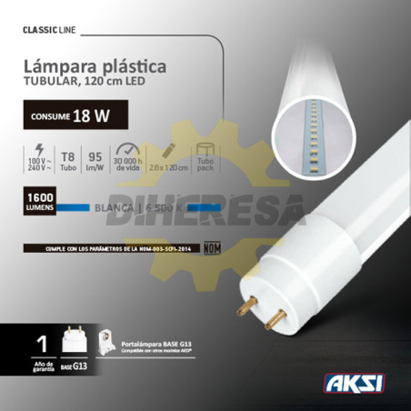 Lampara Tubular Led T8 De 1200mm, 18w, 6500k, 30,000 Hrs Vida. L. Clasica