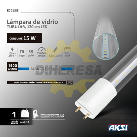 Lampara Tubular Led T8 De 1200mm, 15w, 6500k, 15,000 Hrs Vida. L. Eco