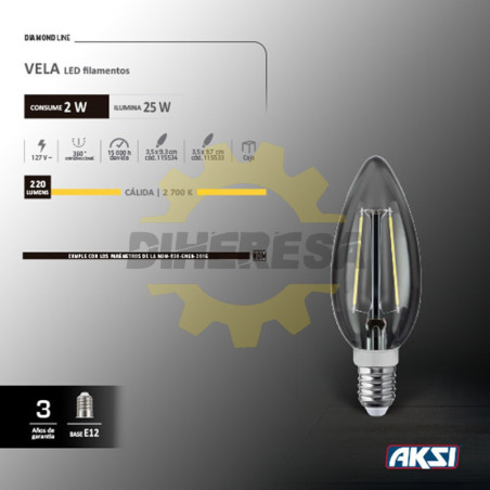Foco Led Filamentos Vela 2w Luz Calida E12, Blister