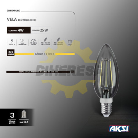 Foco Led Filamentos Vela 4w Luz Calida E12, Blister